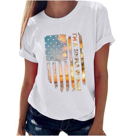Onlywo Womens Plus Summer Tops Loose Fit  Women S Summer Short Sleeve T Shirt Independence Day Print Loose Pullover Round Neck Loose Comfy Blouse Tops