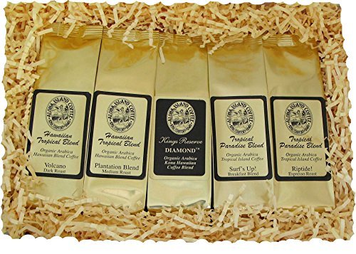 Kona Hawaiian Coffee Gift Sampler For Mothers Day, Fathers Day, Birthdays, All Occasions, Our Platinum Collection Of 5 Kona Blend Coffee Roasts, In Gift Box, Ground Coffee, Brews 60 Cups