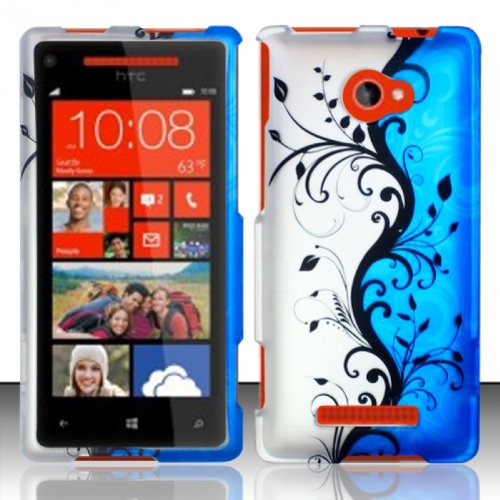 For HTC Windows Phone 8x 6990 (at&T) Rubberized Design Cover - Blue Vines