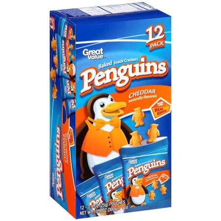 Great Value Baked Snack Crackers Penguins Cheddar Naturally Flavored 12 Pack-10.8 Oz