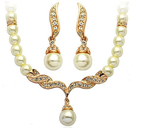Esen Crystal Gold Plated Pearl Angel's Wing Necklace Earring Jewelry Set 5499 (Gold)