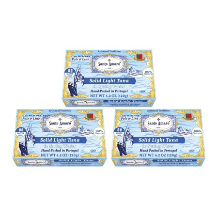 SANTO AMARO Artisanal Wild Tuna in Spring Water (3 Pack  120g Each) 100% Natural - GMO FREE - Low Mercury - Pole & Line Caught Skipjack Light Tuna - S