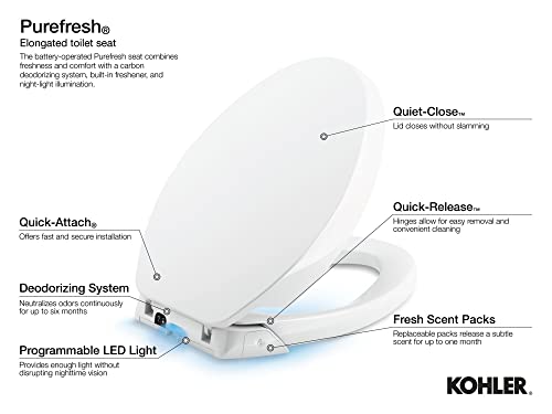 KOHLER 5588-0 Purefresh Elongated Nightlight, Grip-Tight Bumpers, Quiet-Close Release Hinges, Quick-Attach Hardware, No Slam Toilet Seat, White thumbnail