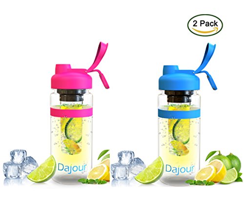 Fruit Infuser Water Bottle 32 Ounce NO BPA Sports Flavor Infusion Bottle - PLUS Recipe Ebook and Cleaning Brush INCLUDED (Pink&Blue - 2 Pack)