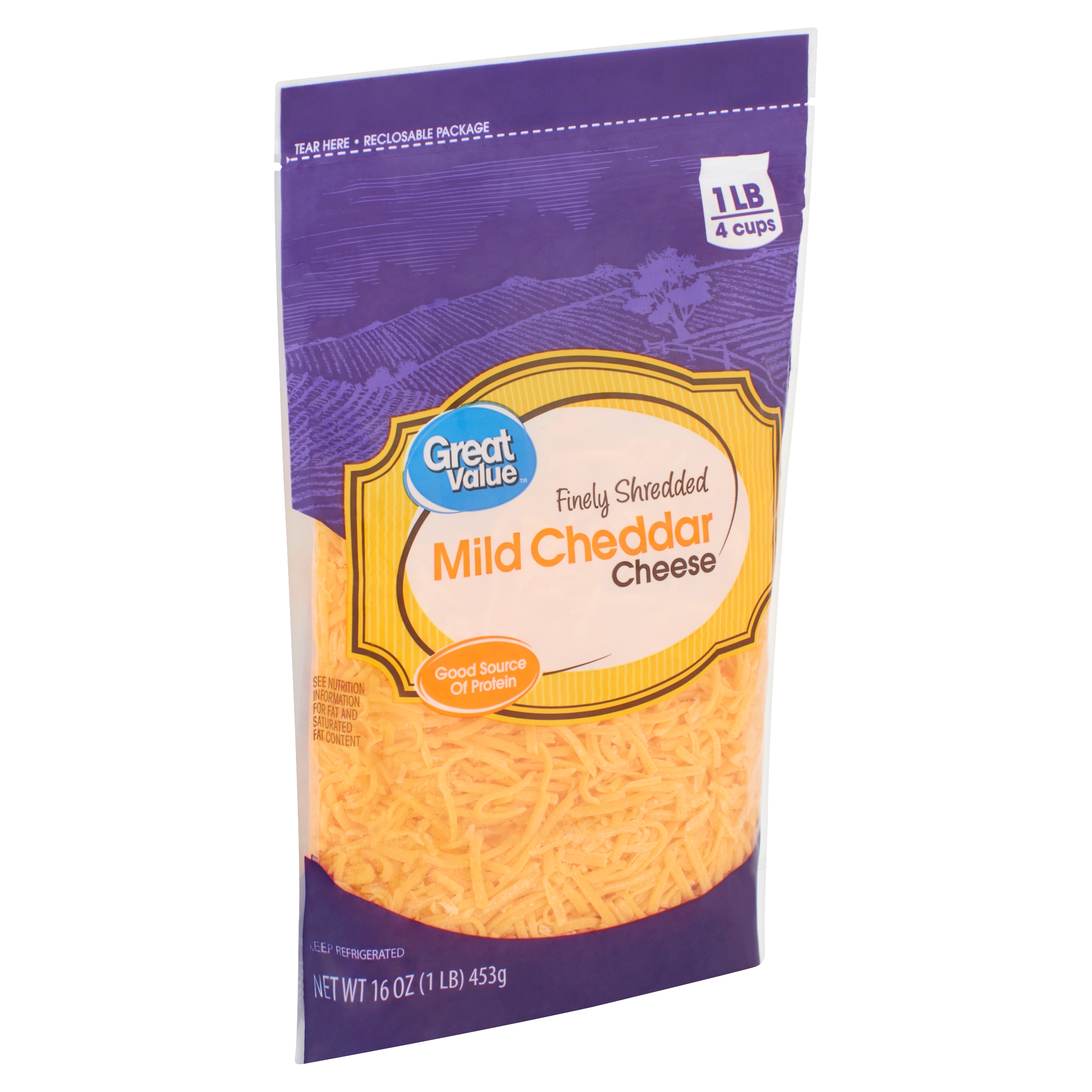 Great Value Finely Shredded Mild Cheddar Cheese, 16 Oz Image