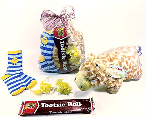 Giraffe Easter or Birthday Plush Stuffed Animal Pee Wee PIllow Pet, Hair Bow Clips, Socks & Giant Tootsie Rolls Chocolate Candy