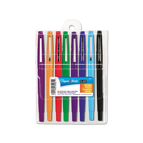 Paper Mate Flair Porous-Point Felt Tip Pen, Medium Tip, 8-Pack, Black, Assorted Colors, END
