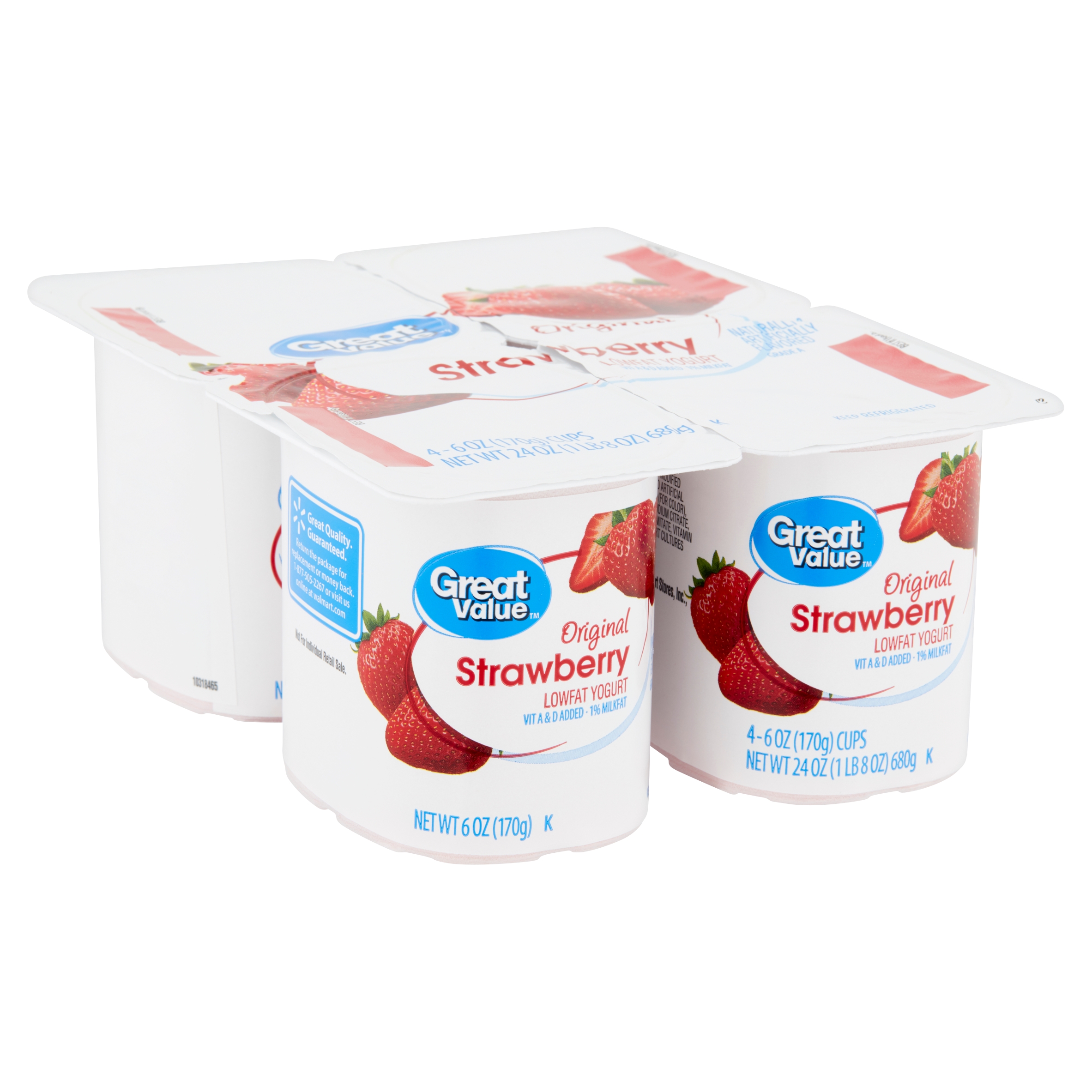 Great Value Original Strawberry Lowfat Yogurt, 6 Oz, 4 Count Image