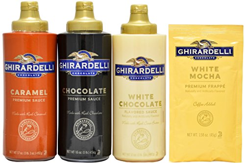 Ghirardelli - 16 Oz Chocolate, 17 Oz White Chocolate Flavored, 17 Oz Caramel Sauce Squeeze Bottle - Set of 3 - with 1.58 Oz Packet White Mocha Premium thumbnail