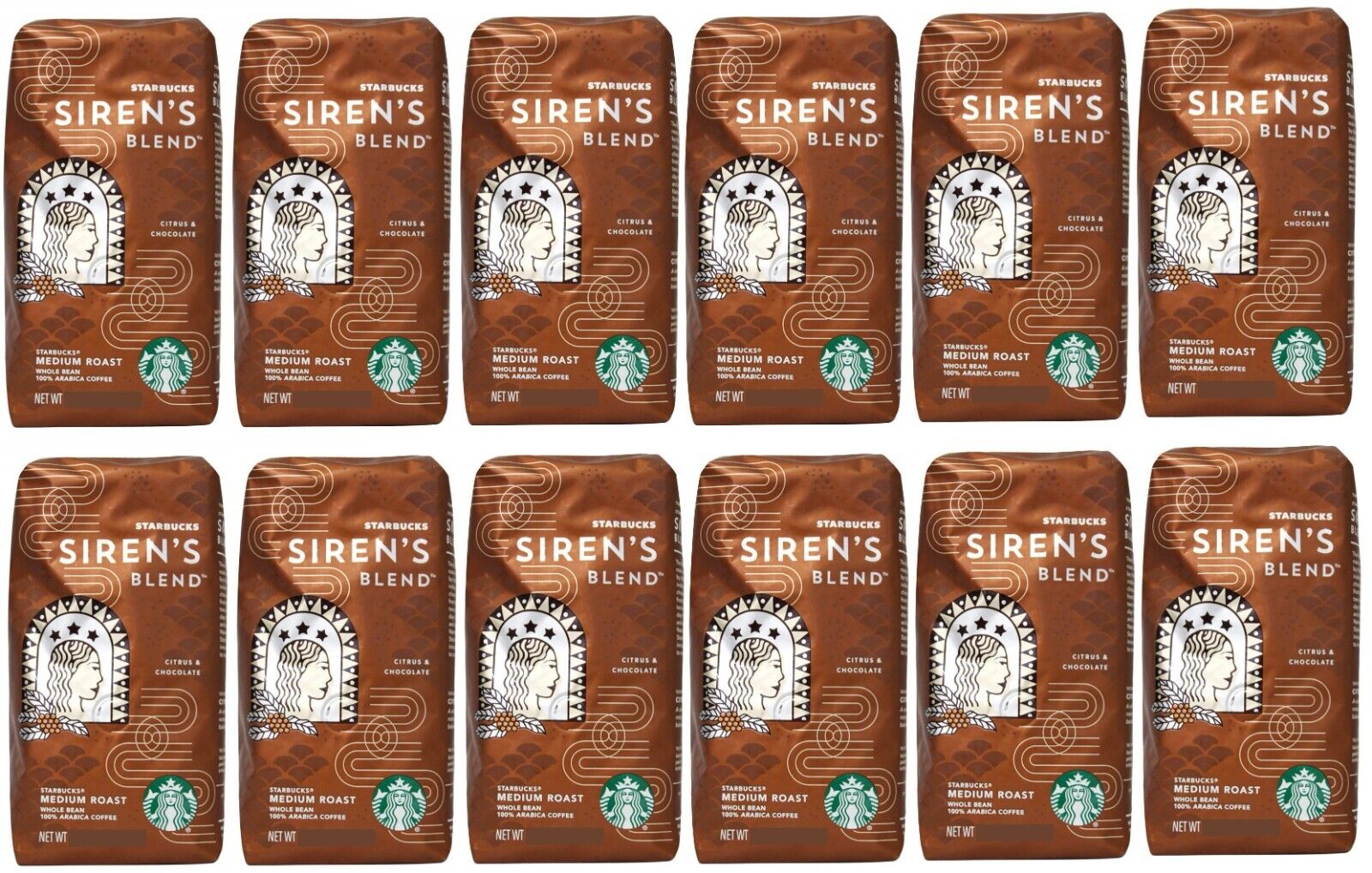 12-Pack Starbucks Siren's Blend Coffee, Medium Roast Whole Bean 6.6 Lbs Total