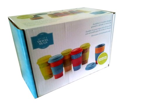Set of 6 Stoneware Travel Mugs with Silicone Lids and Removable Grips, 12 Fl. Oz Capacity Each (Geometric Collection)