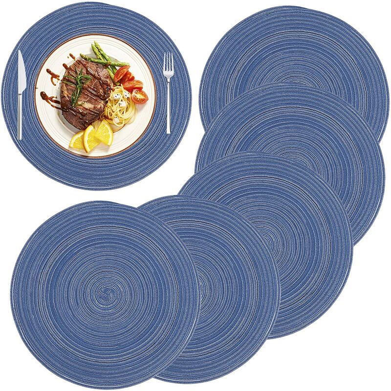 Set De Table En Coton Rond Napperons Antidérapants Tressé Résistantes à La Chaleur Pour Salle à Manger De Cuisine De Fête (Lot De 6) Bleu- 18cm