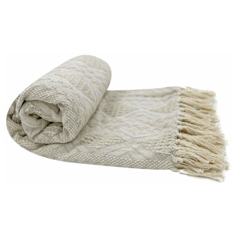 Fouta, Jeté De Lit, Plaid 100% Coton 120 X 150 Cm Avec Franges Jacquard Motif Géométrique Chevrons Taupe