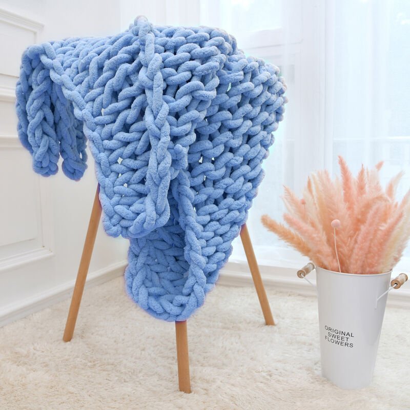 Couverture En Tricot En Tricot De Fils Grossiere a La Main, Bleu Du Lac 100 * 150