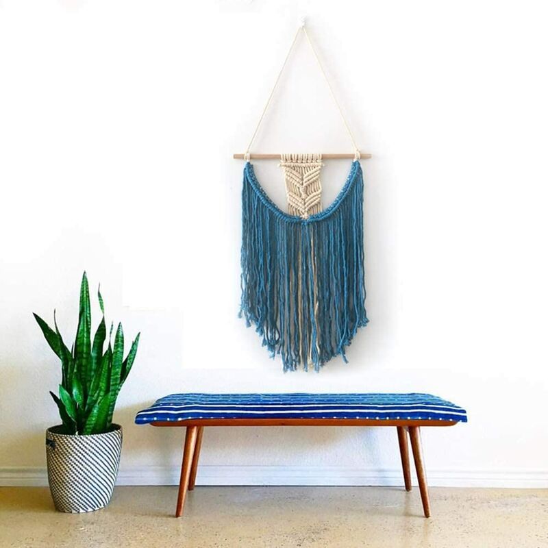 Tapisserie De Chambre à Coucher En Macramé Fait à La Main Boho -100% Coton Biologique--Free Spirit Home Decor-Geometric Art Tapestry (Bleu)