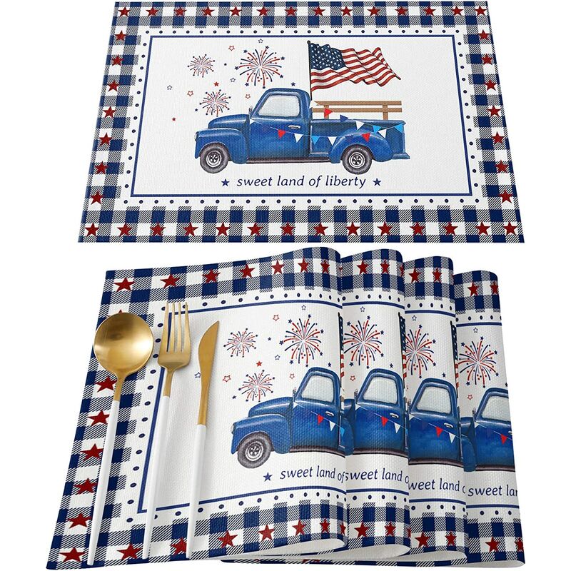 Set De 4 Sets De Table Pour Le Jour De L'indépendance, Tapis De Table ECoton Et Lin Résistant à La Chaleur Lavable 4 Juillet Rouge à Carreaux Bleu