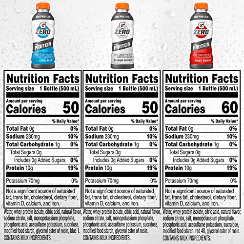 Gatorade Zero with Protein, 10g Whey Protein Isolate, Zero Sugar, Electrolytes, 3 Flavor Variety Pack, 16.9 Fl Oz, 12 Pack thumbnail