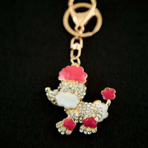 Iparty123 White and Pink Poodle Rhinestone Crystal Charm Pedant Purse Key Chain Valentine's Day Gift for Her