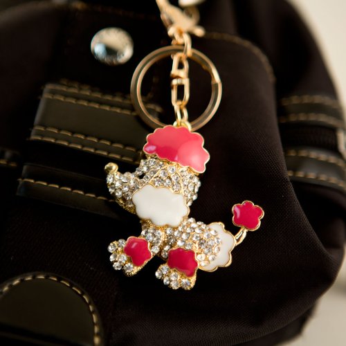 Iparty123 White and Pink Poodle Rhinestone Crystal Charm Pedant Purse Key Chain Valentine's Day Gift for Her thumbnail
