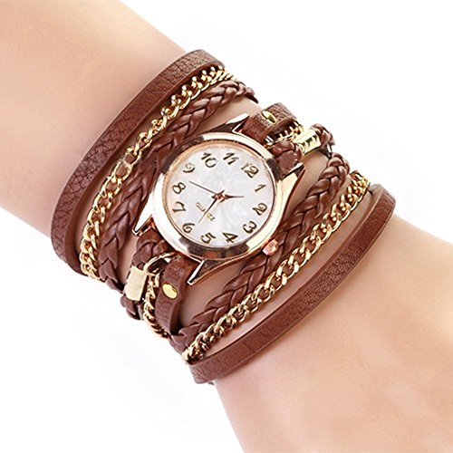 Charming Vintage Weave Wrap Leather Chain Bracelet Watch for Womens Ladies (Brown)