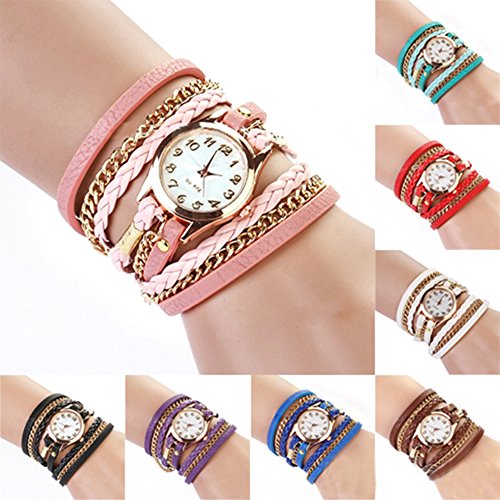Charming Vintage Weave Wrap Leather Chain Bracelet Watch for Womens Ladies (Brown) thumbnail