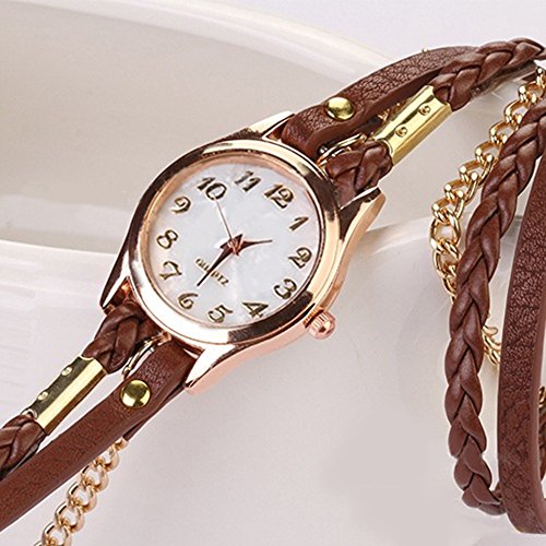 Charming Vintage Weave Wrap Leather Chain Bracelet Watch for Womens Ladies (Brown) thumbnail