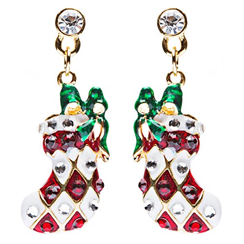 Christmas Jewelry Red White Sock Green Ribbon Gold Tone Crystal Charm Earrings