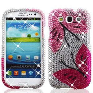 Samsung Galaxy S 3 III / S3 / I9300 I-9300 Cell Phone Full Crystals Diamonds Bling Protective Case Cover Silver with Hot Pink Black Twin Butterflies D