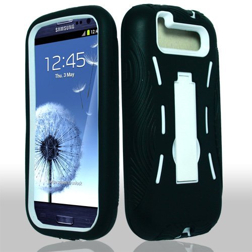 Samsung Galaxy S 3 III / S3 / I9300 I-9300 Hybrid Armor White Hard Case and Black Silicone Skin Dual Combo 2-in-1 with Kickstand / Kick Stand Snap-on thumbnail
