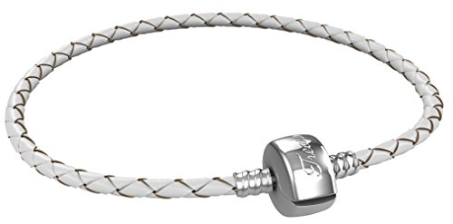 Timeline Treasures Real Leather Stainless Steel Starter Charm Bracelet Fits Pandora Jewelry European Style FREE Bead (Barrel Clasp, 7 Inch, White)