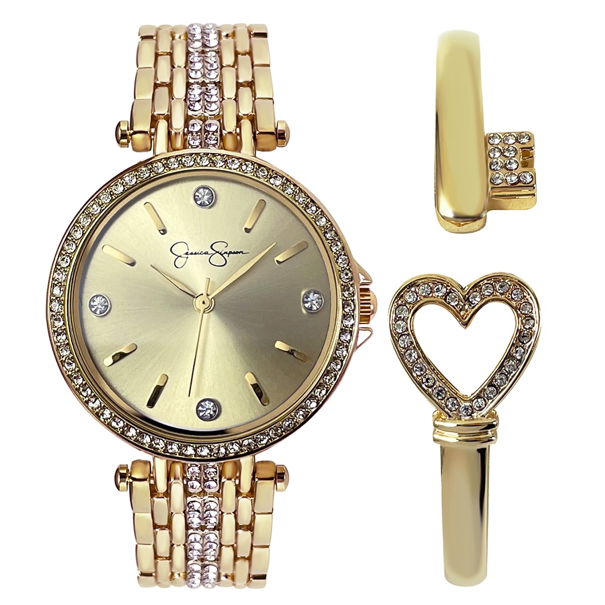 Jessica Simpson Crystal-Accented Watch and Heart/Key Cuff Bracelet Set - Metallic