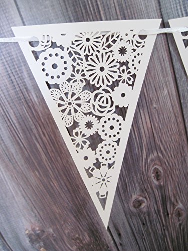 White Paper Floral Lace Triangle Banner Pennant , 10 Piece Garland Bunting, 9 X 5.5 Inches