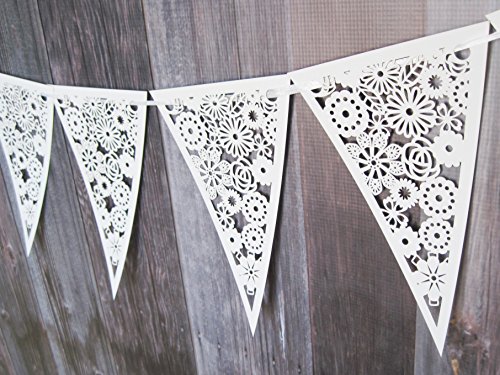 White Paper Floral Lace Triangle Banner Pennant , 10 Piece Garland Bunting, 9 X 5.5 Inches thumbnail