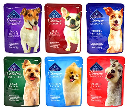 Blue Buffalo Divine Delights Wet Dog Food Variety Pack - 6 Flavors (Duck, Lamb, Chicken, Turkey, Salmon, and Beef) - 3oz Each (6 Total Pouches)