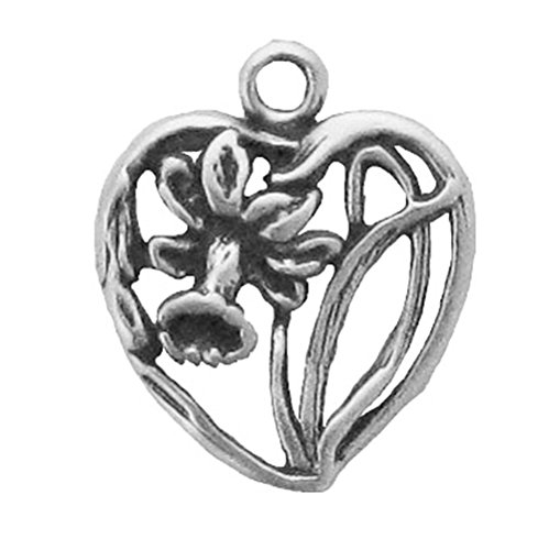 925 Sterling Silver Charm Vintage Sweet Heart with Daffodil Flower Pendant