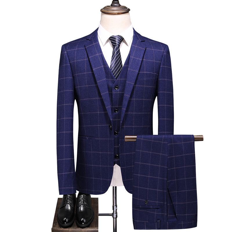Size S-4XL ( Jacket + Vest + Pants ) High-end Brand Business Plaid Mens Suit Three-piece Set Groom Wedding Dress Tuxedo Male - Blue 9657, M