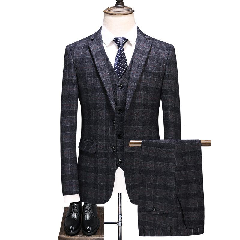 Size S-4XL ( Jacket + Vest + Pants ) High-end Brand Business Plaid Mens Suit Three-piece Set Groom Wedding Dress Tuxedo Male - Blue 9657, S thumbnail