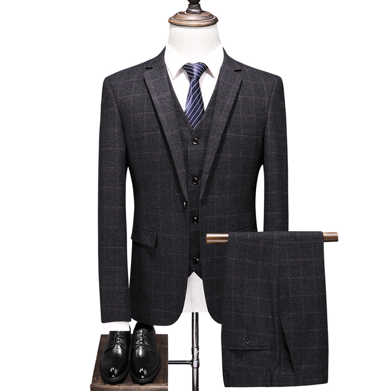Size S-4XL ( Jacket + Vest +Pants) Mens Double-breasted Suit Fashion Plaid Groom Wedding Dress Suit / Men Casual Business Suit - Blue 9657, L thumbnail