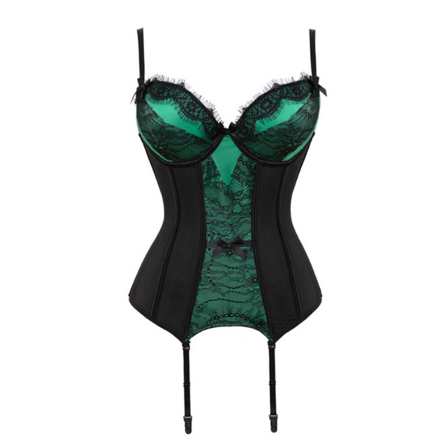 Plus Size Corset Lingerie Lace Floral Transparent Padded Cup Corsets Straps Underwear Bowknot Corset Bustiers with Suspenders - 1136 Green, 5xl
