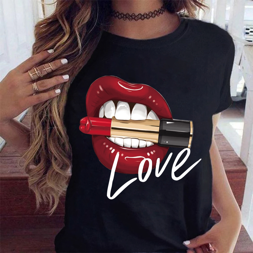 Women Tops O-neck Sexy Black Tees Kiss Lip Funny Summer Female Soft T Shirt Lips Watercolor Graphic T Shirt Top9180 - 3943-white, S