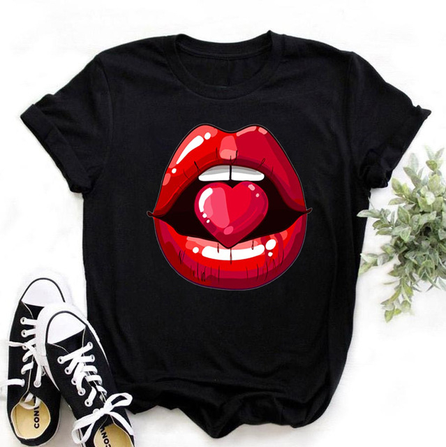 Women Tops O-neck Sexy Black Tees Kiss Lip Funny Summer Female Soft T Shirt Lips Watercolor Graphic T Shirt Top9180 - 3943-white, Xl thumbnail