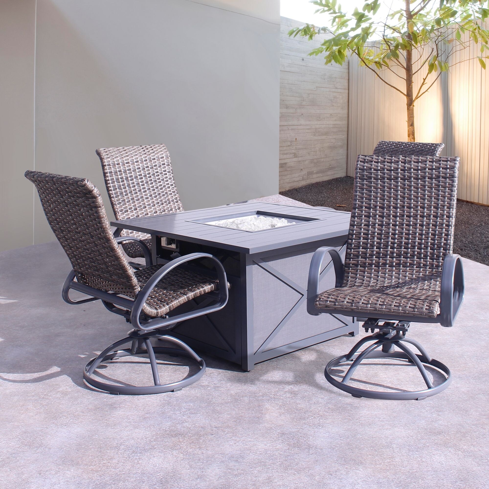 Santa Fe Dark Gray 5-Piece Square Metal Patio Fire Pit Set with 1 Fire Pit and 4 Wicker Swivel Rockers thumbnail