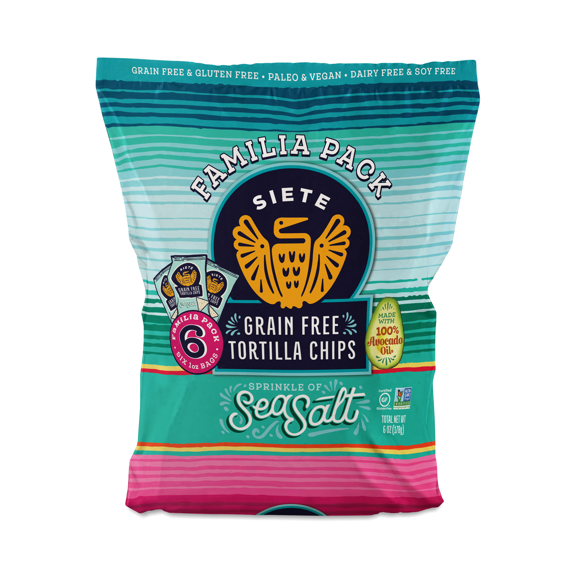 Siete Familia Pack Tortilla Chips, Sea Salt, Snack Pack 6 Bags (1 Oz Each)