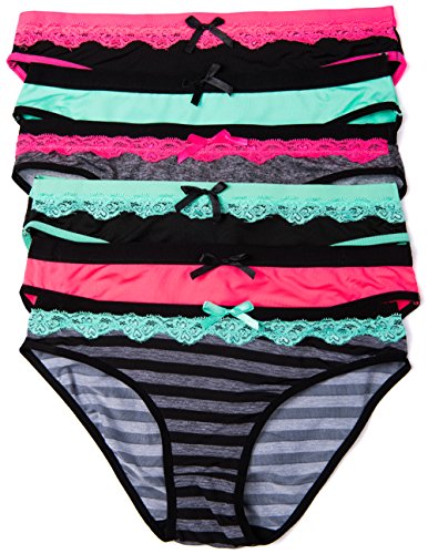 Love Affair Juniors 6 Pack Bikini Panties with Bow and Lace Details (Medium, Coral/Mint)