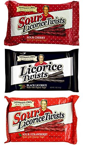 Newman's Own Licorice Twists 3 Flavor Variety Bundle: (1) Newman's Own Sour Strawberry Licorice, (1) Newman's Own Sour Cherry Licorice, and (1) Newman