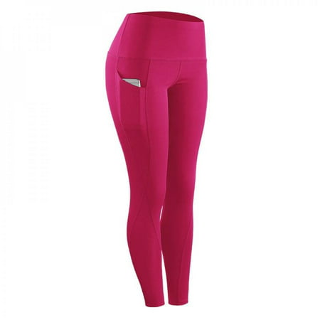 MEROTABLE Women Pants Stretch Compression Sportswear Leggings with Pocket Rose Red XXL