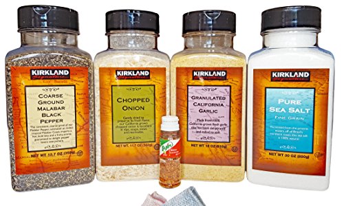 Seasoning Bundle (Pack of 4). 1 Granulated California Garlic, 1 Pure Sea Salt, 1 Coarse Ground Malabar Black Pepper and 1 Chopped Onion.