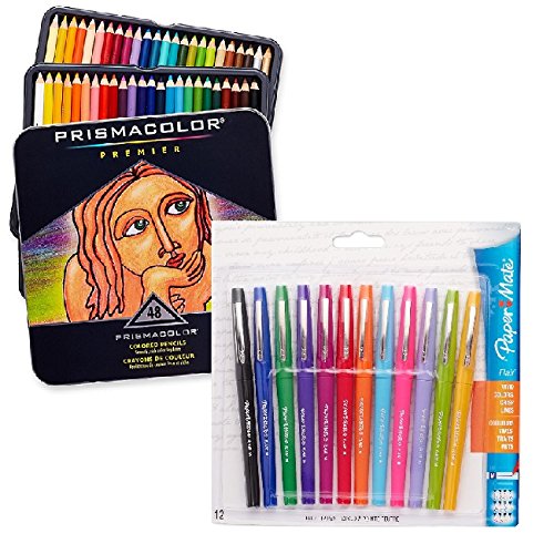 Prismacolor Premier Colored Pencils, 48 Assorted Color Pencils with Paper Mate Flair Porous-Point Felt Tip Pen, Medium Tip, 12-Pack, Fashion Colors (7