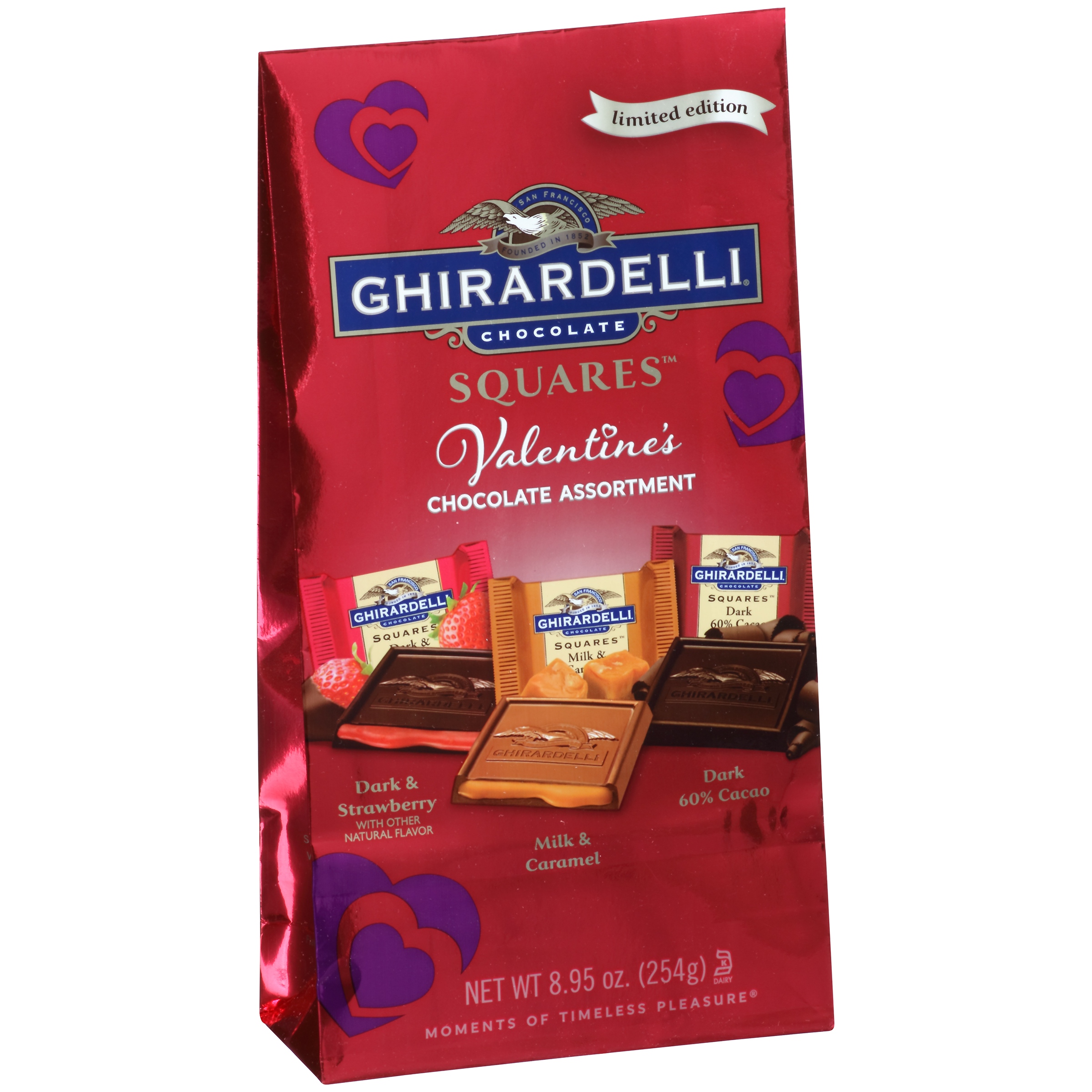 Ghirardelli Chocolate Squares Valentine's Chocolate Assortment Dark & Strawberry, Milk & Caramel, & Dark 60% Cacao, 8.95 Oz.