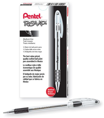 Pentel R.S.V.P. Stick Ballpoint Pen, Medium Point, 1.0 Mm Translucent Barrel, Black Ink (BK91-a), 12-Count